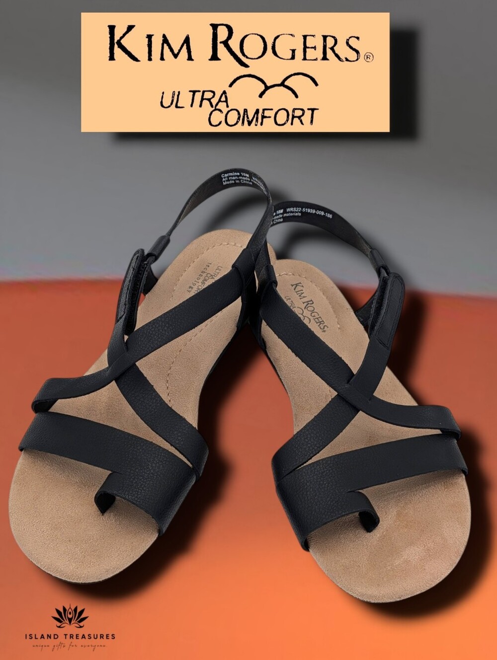 Kim Rogers Sz 10M Carmine Toe Ring Sandals Black Strappy Crisscross Flat Comfort
